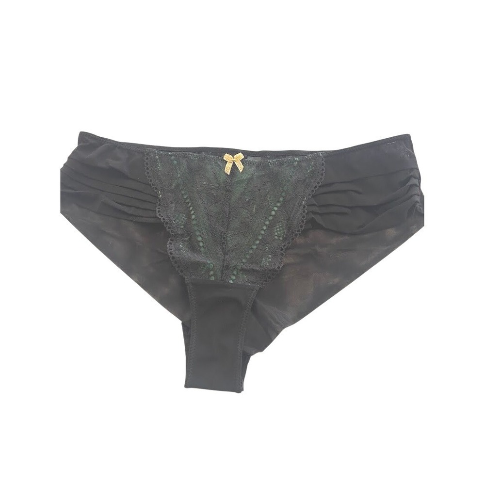 Adore Me Womens‎ XL Black Emerald Green Lace Mesh Cheeky Panties NWT Bow Accent